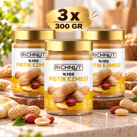 Fıstık Ezmesi 3 x 300 g – %100 Yer Fıstığı, Şeker İlavesiz, Katkısız
