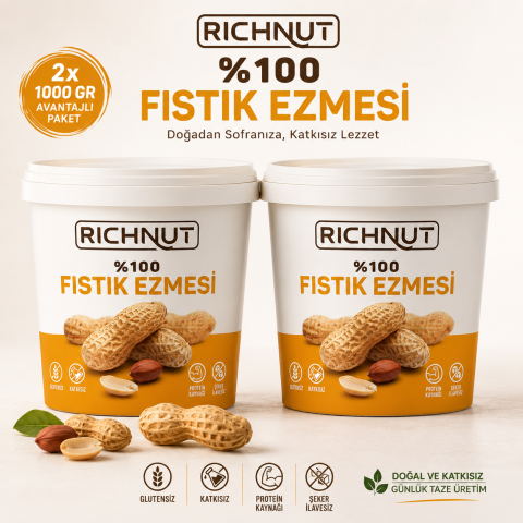 2 Kg Şekersiz Katkısız %100 Fıstık Ezmesi (2 X 1000 GR)