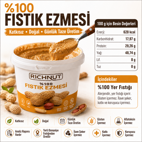 2 Kg Şekersiz Katkısız %100 Fıstık Ezmesi (2 X 1000 GR)
