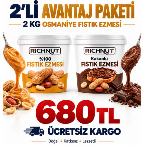 Fıstık Ezmesi 2 KG Paket – (1 KG KAKAOLU + 1 KG SADE)