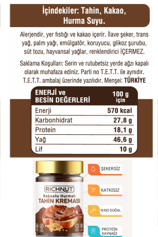 Kakaolu Hurmalı Tahin Kreması (Şekersiz, Katkısız, %100 Doğal) 300 gr
