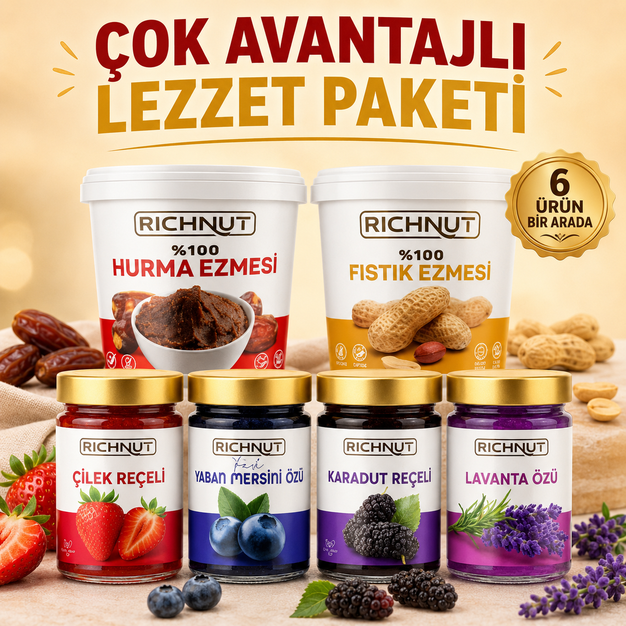Çok Avantajlı Lezzet Paketi (Hurma Ezmesi, Fıstık Ezmesi, Yaban Mersini Özü, Lavanta Özü, Çilek Reçeli, Karadut Reçeli)
