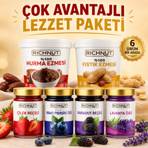 Çok Avantajlı Lezzet Paketi (Hurma Ezmesi, Fıstık Ezmesi, Yaban Mersini Özü, Lavanta Özü, Çilek Reçeli, Karadut Reçeli)