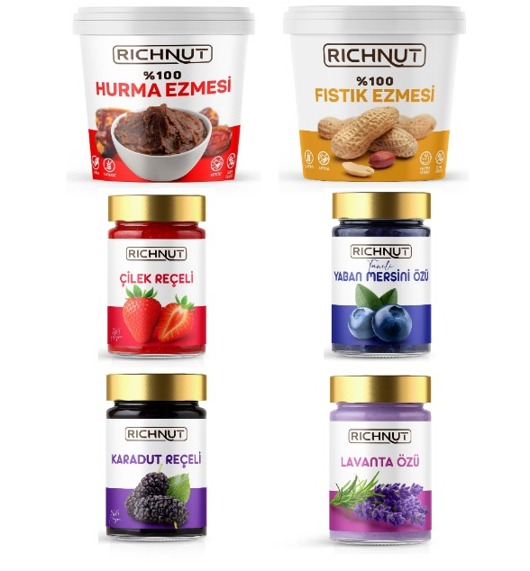 Çok Avantajlı Lezzet Paketi (Hurma Ezmesi, Fıstık Ezmesi, Yaban Mersini Özü, Lavanta Özü, Çilek Reçeli, Karadut Reçeli)