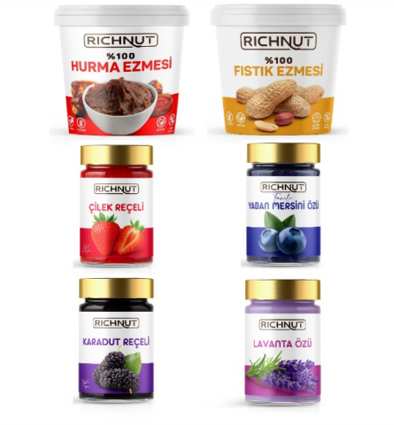 Çok Avantajlı Lezzet Paketi (Hurma Ezmesi, Fıstık Ezmesi, Yaban Mersini Özü, Lavanta Özü, Çilek Reçeli, Karadut Reçeli)