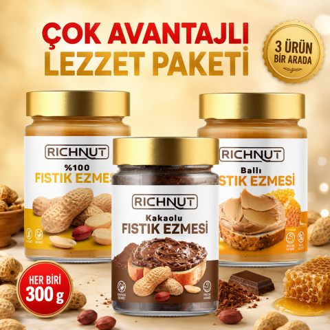 3'lü Paket Karışık Fıstık Ezmesi (Kakaolu, Ballı, Sade)